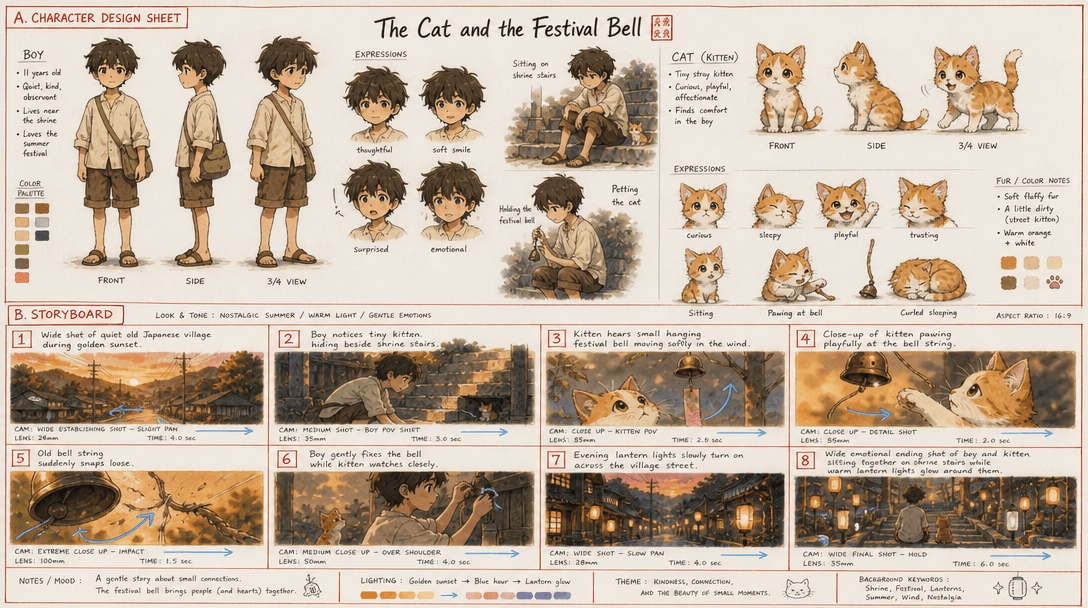 The Cat and the Festival Bell — anime character design sheet + 8-panel development board generated with Pixazo GPT Image 2