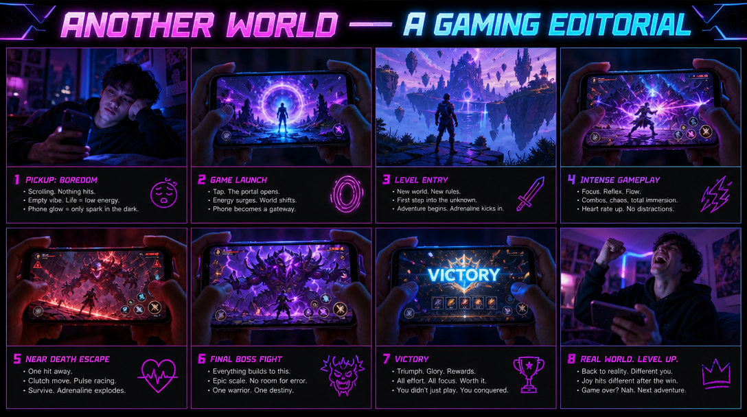 Another World — 4×2 (8-frame) mobile gaming editorial image in neon purple and electric cyan