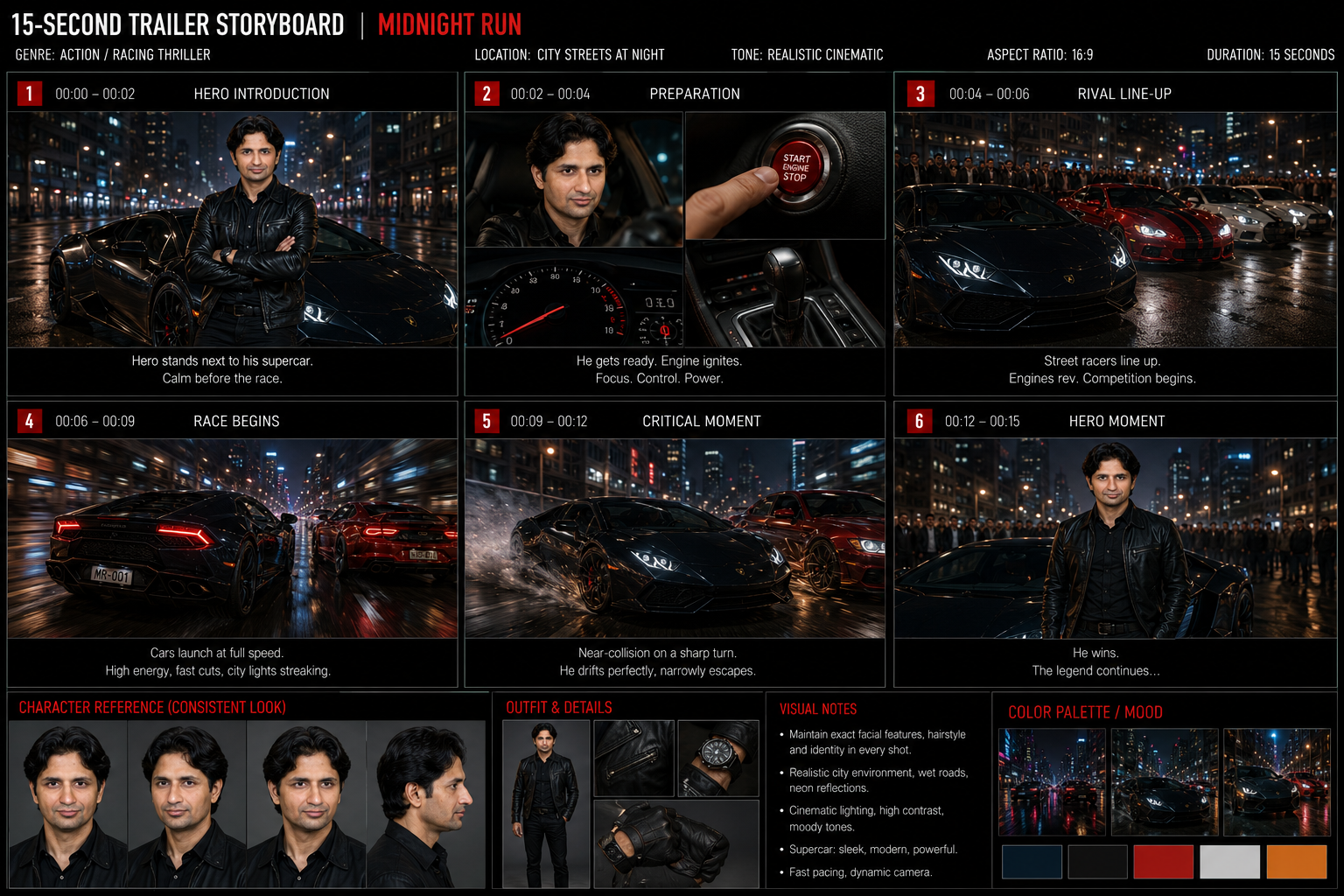 Car Racing Midnight Run — 6-panel cinematic image for an identity-locked neon-street racing trailer