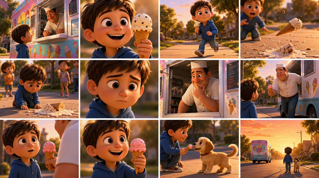 The Ice Cream Truck — Pixar-style image generated by GPT Image 2 showing a cheerful young boy approaching a colorful ice cream truck