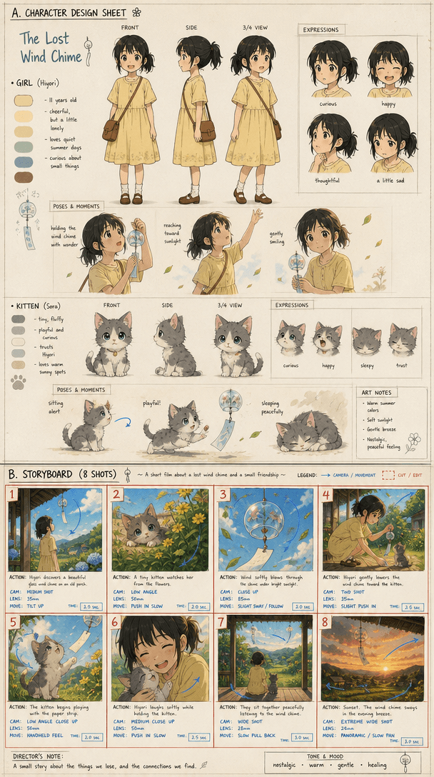 The Lost Wind Chime — generated character sheet + 8-panel anime-short storyboard