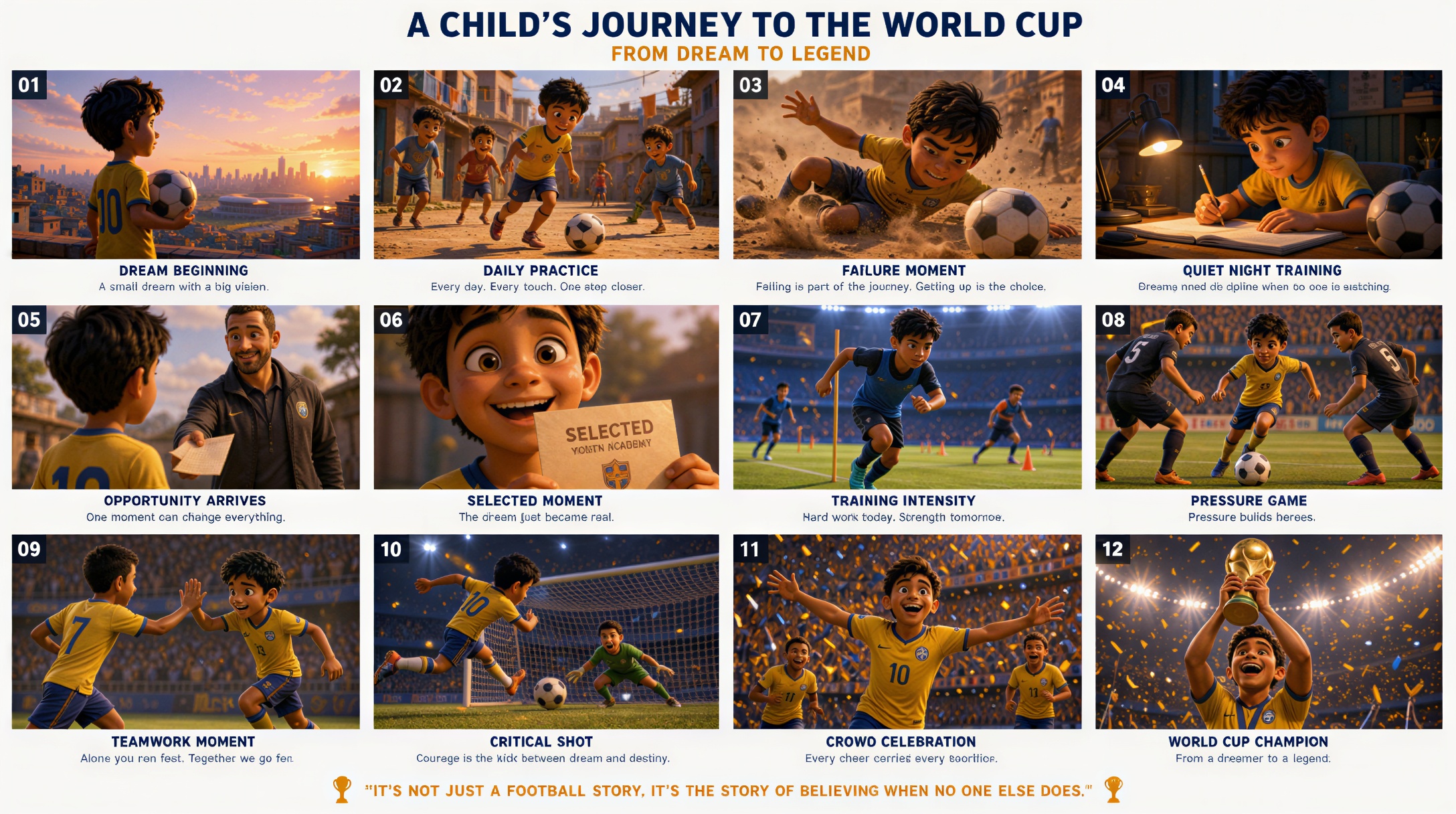 World Cup Dream — 12-panel Pixar-style image of a young footballer's journey to the World Cup trophy