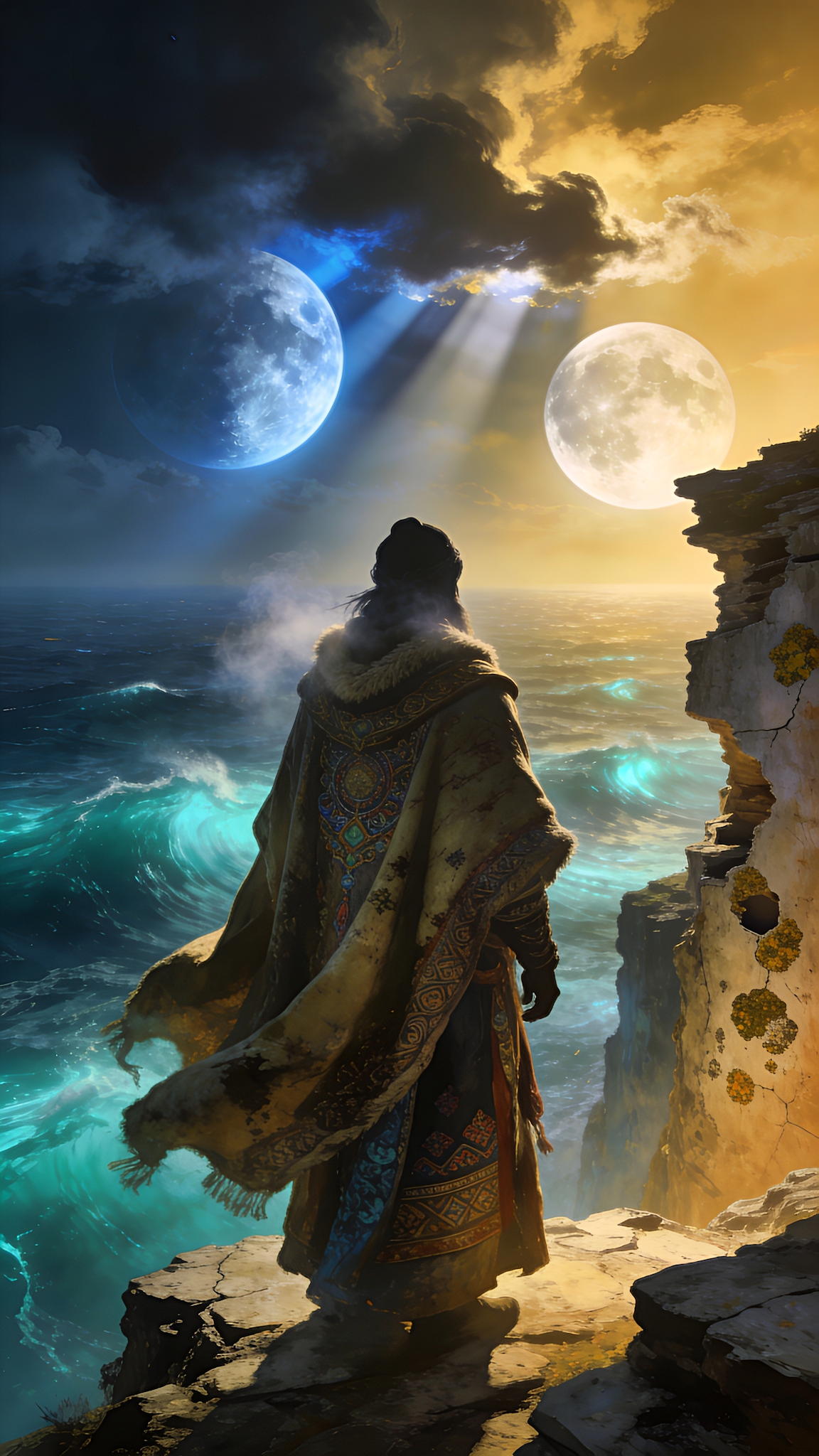 Lone traveller under twin moons